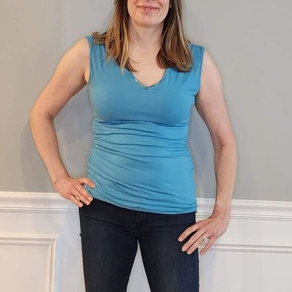 WHBM Sleeveless Silver Tone Metal Bar Hardware Top Tank Small Blue - Picture 1 of 8